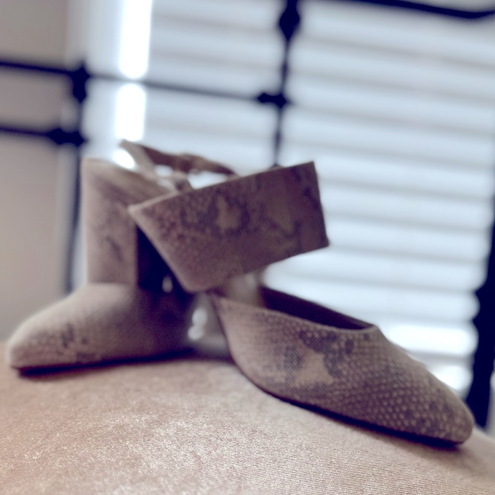 Casually sophisticated sling back stacked heels